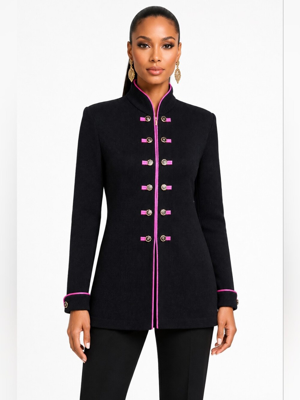 Vintage St John Collection Marie Gray Sz 2 Black Knit Jacket Pink Trim